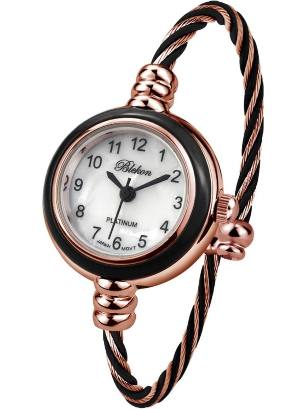 Women Rose Gold And Black Analog Elegant Cable Cuff Arabic Number Bracelet Watch